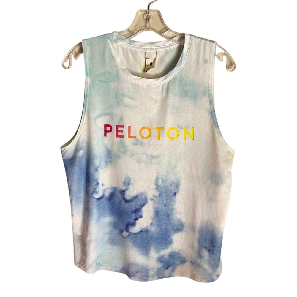 ✨ Spiritual Gangster Peloton Blue/White Tie Dye Crewneck Sleeveless Top Sz Large
